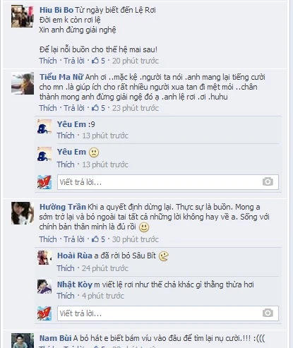 Nhiềungười yêu mếnLệ Rơi thật sự đã bày tỏ sự nuối tiếc khi Lệ Rơikhông hát nữa.